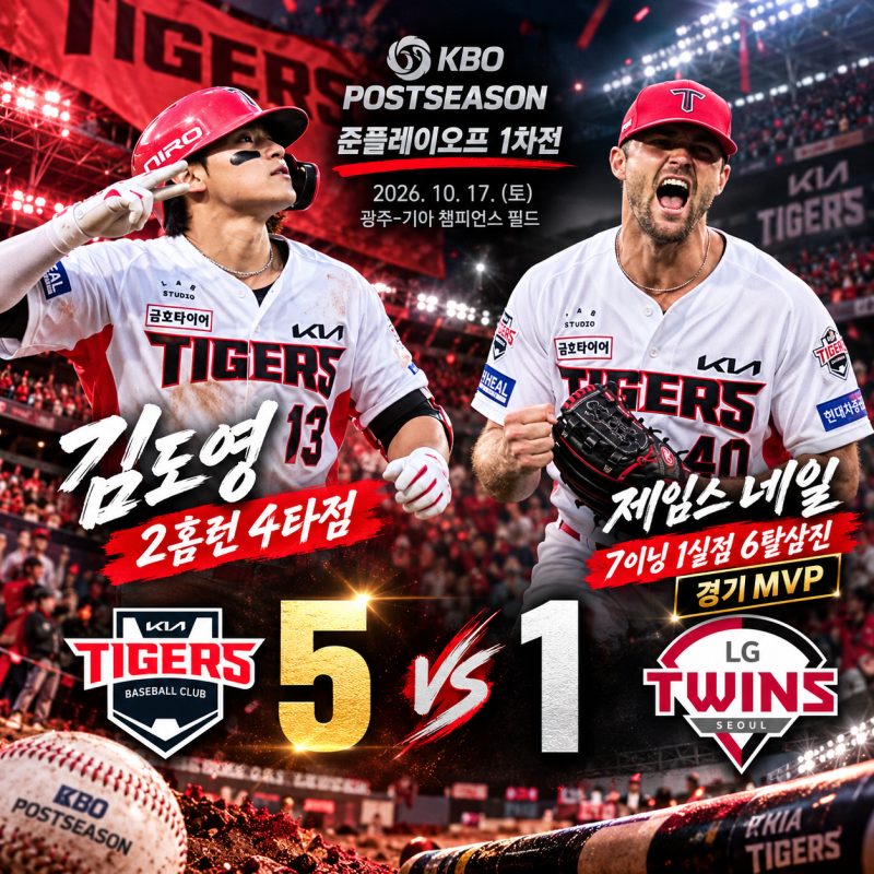 KIA LG 준플레이오프 1차전 결과｜김도영 2홈런 4타점·네일 MVP, 5대1 승리와 PO 진출 70.6% 통계