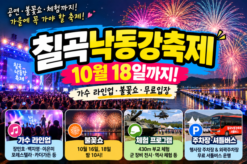 2026 칠곡낙동강축제 언제까지? 10월 18일까지! 가수 라인업·불꽃쇼·주차·셔틀버스 총정리