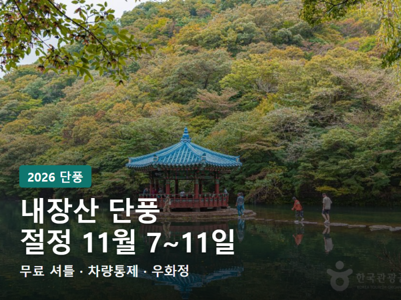 내장산 단풍 2026 — 절정 11월 7~11일 예상, 무료 셔틀·차량통제·우화정 코스 총정리