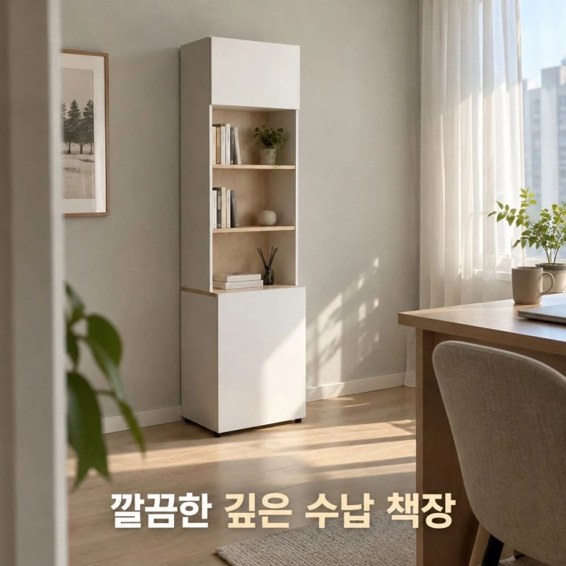데스커 600폭 깊은 수납형 목제책장 상하부도어형 6단 라이트오크 화이트 수납 팁