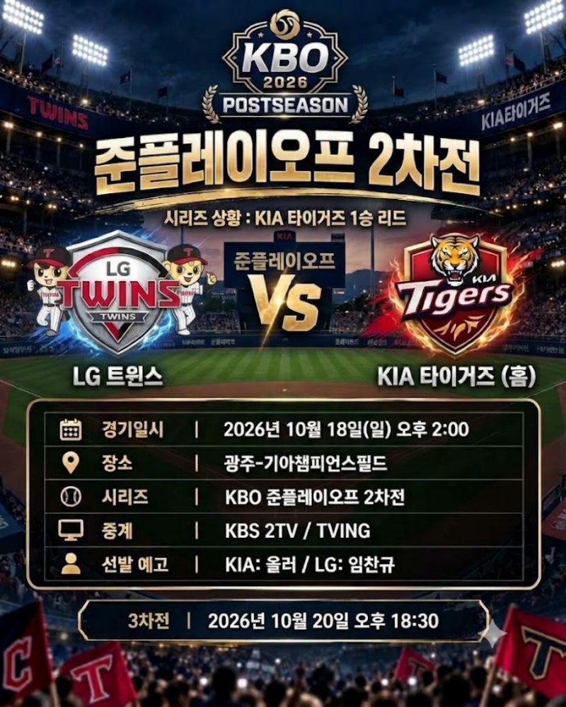 [2026 KBO 준PO 2차전] LG vs KIA 예상 라인업 & 승부 가를 핵심 관전 포인트 3가지!