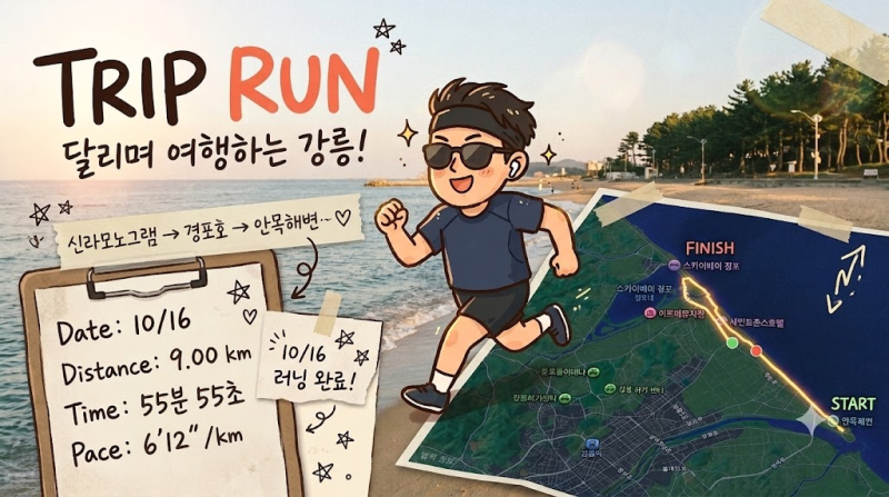 강릉 여행 와서도 러닝은 못 참지! 신라모노그램~경포호~안목해변 9km 런트립 & 강릉 대표 마....