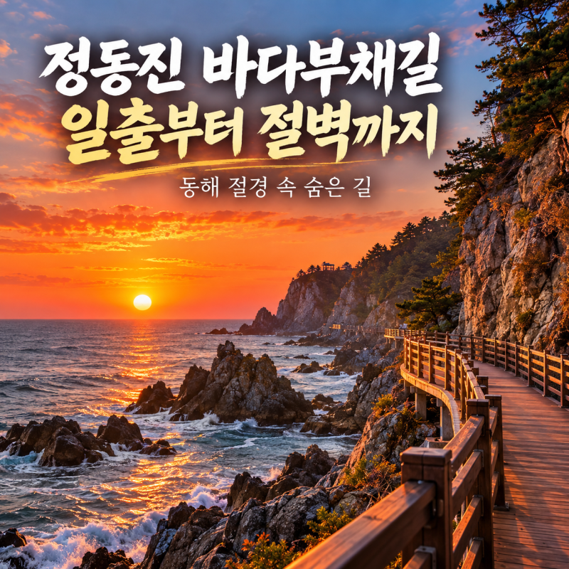 붉은 일출과 절벽 산책로가 인상적인 강원 강릉 정동진 바다부채길