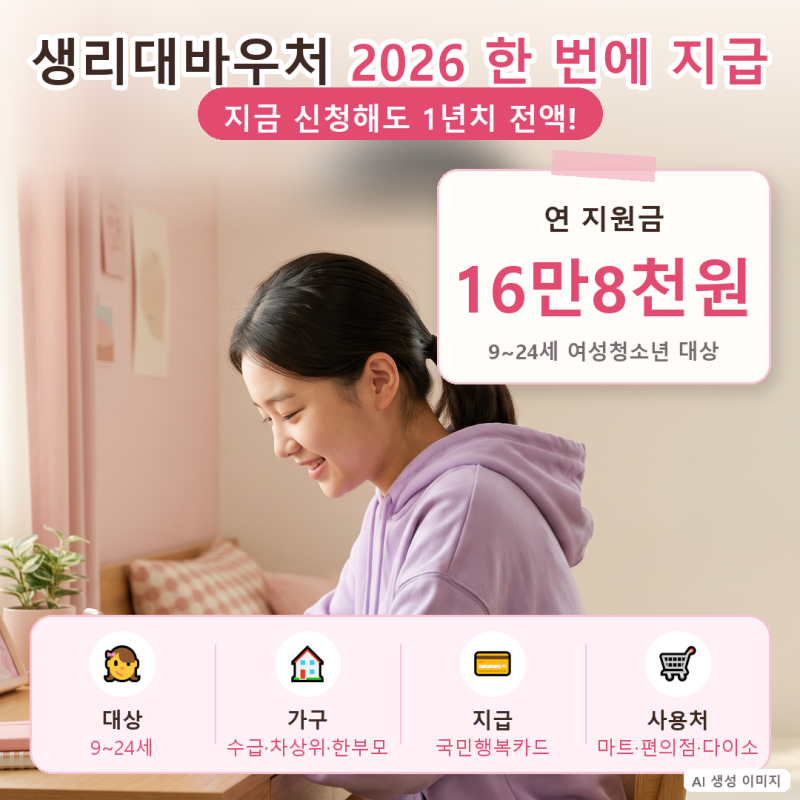 생리대바우처 2026, 지금 신청해도 16만8천원 한 번에! 대상·사용처·12월 소멸 정리
