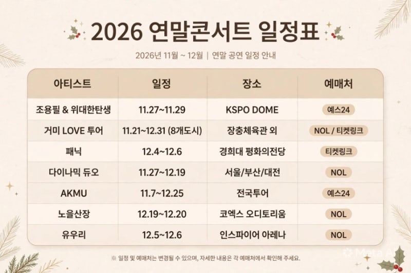 2026 연말콘서트 총정리｜일정·예매·장소·인기 라인업 한눈에 보기 (예매처 링크 포함)
