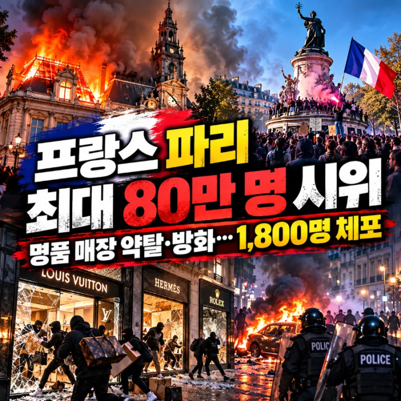 프랑스 파리 대규모 시위, 최대 80만 명 집결…명품 매장 약탈에 1,800명 체포