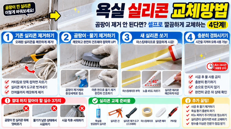 욕실 실리콘 곰팡이 제거 안 된다면? 실리콘 교체 방법부터 깔끔하게 쏘는 법까지 4단계 ✨