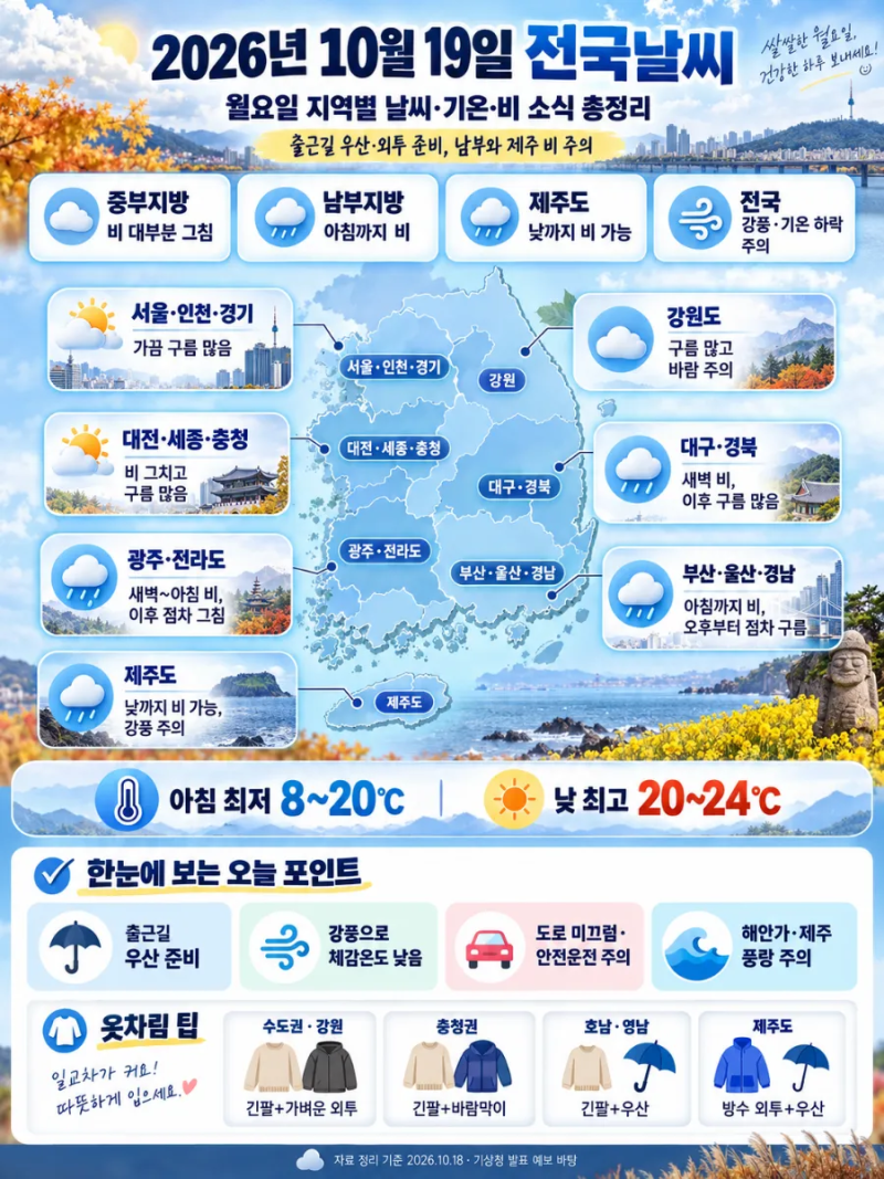 10월 19일 월요일 전국 날씨