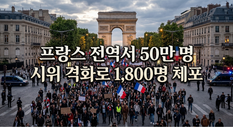 "프랑스 전역서 50만명 <b>시위</b> 격화"로 1,800명 체포... 수년 만에 최악의....