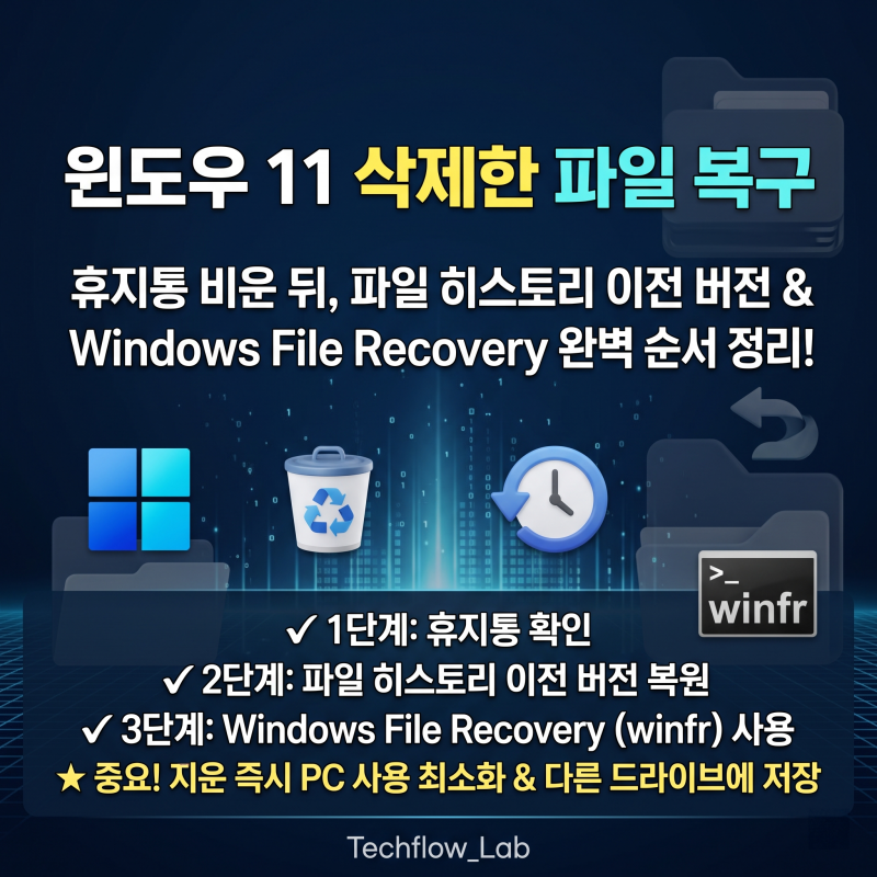 윈도우 11 삭제한 파일 복구 방법, 휴지통 비운 뒤 파일 히스토리 이전 버전과 Windows File Recover....