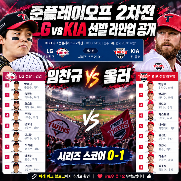 LG KIA 준플레이오프 2차전 선발 라인업 공개! 홍창기 <b>제외</b>·송찬의 2....