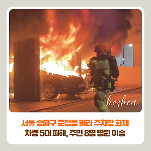 서울 송파구 문정동 빌라 주차장 화재 | 차량 5대 피해, 주민 8명 병원 이송
