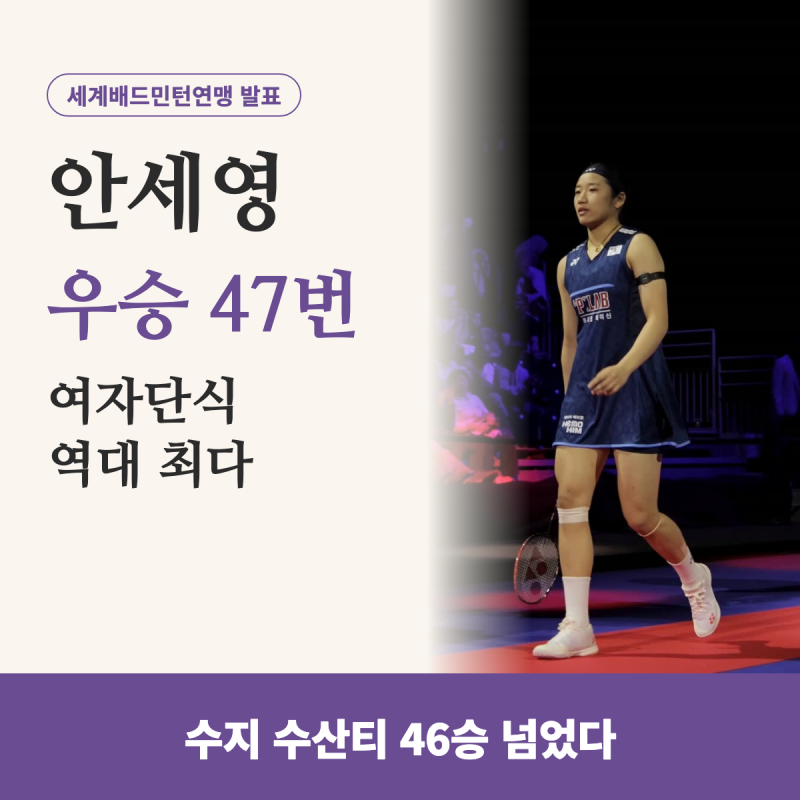 안세영 우승횟수 47번, 수산티 넘은 여자단식 최다… 작년 11승도 넘을까?