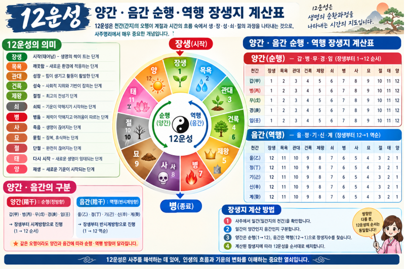 #12운성#12지지방위표 #12운성음간순행 #12운성양간순행 #장생 #건록 #목욕 #관대 #제왕 #쇠 #병 ....