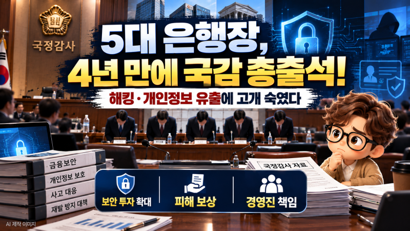 5대 은행장 4년 만에 국감 총출석! 해킹 사고 사과·보안 투자 확대, 고객정보 유출 규모는?