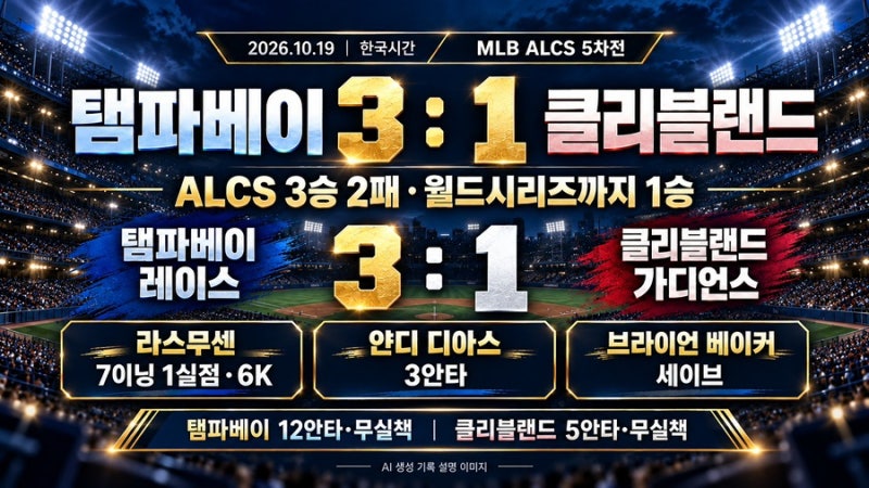 10월 19일 MLB 경기결과｜탬파베이 3-1 클리블랜드, ALCS 3승 2패로 WS까지 1승