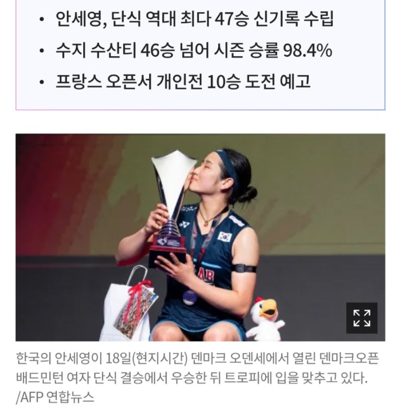 정상에 47번 올랐다! 안세영, 여자 배드민턴 역사상 최다 우승자 등극