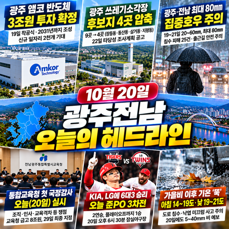[<b>광주</b><b>전남</b>] 10월 20일 오늘의 주요 헤드라인 뉴스