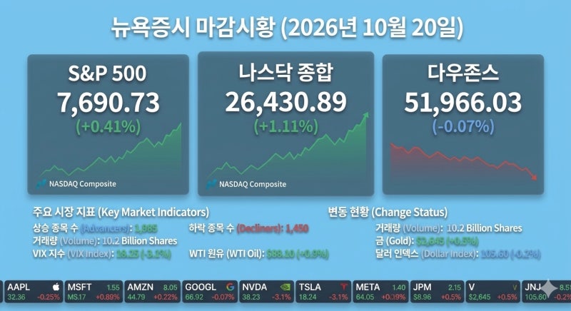[미국증시_모닝브리핑] 26년10월19일 뉴욕주식시장 마감시황(feat. AI 저가매수 → 나스닥만 반....
