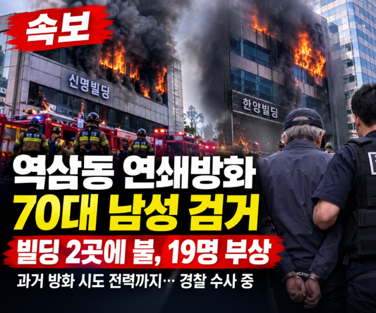 <b>역삼동 연쇄방화 70대</b> 남성 검거 빌딩 2곳 불, 19명 부상 과거 <b>방화</b> 시....