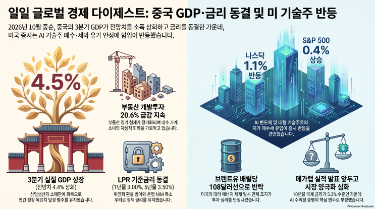 [일일 글로벌 경제 다이제스트] 중 <b>3분기 GDP</b> 4.5% <b>성장</b>·인민은행 오늘....