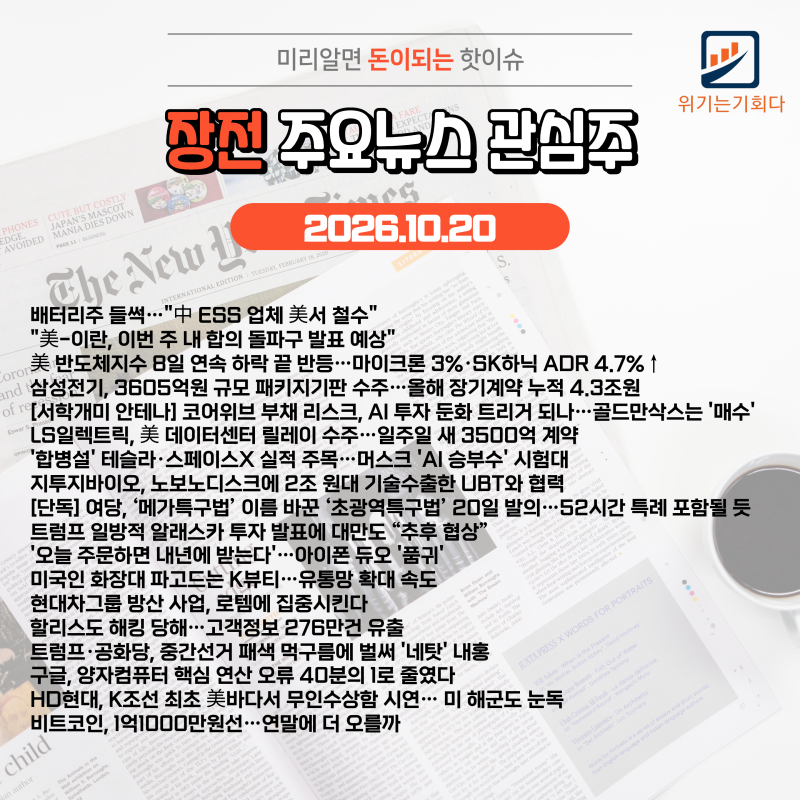 (10/20) 장전 뉴스 및 관련주 [2차전지/ESS/재건/반도체/유리기판/MLCC/광통신/전력/원전/로봇/AI/....