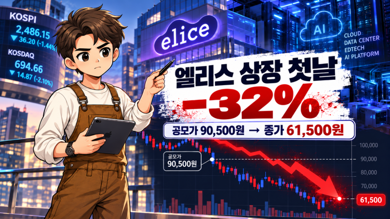 엘리스 상장 첫날 -32% 급락! 청약 증거금 10조원 몰렸는데 공모가 90,500원에서 61,500원으로…왜....