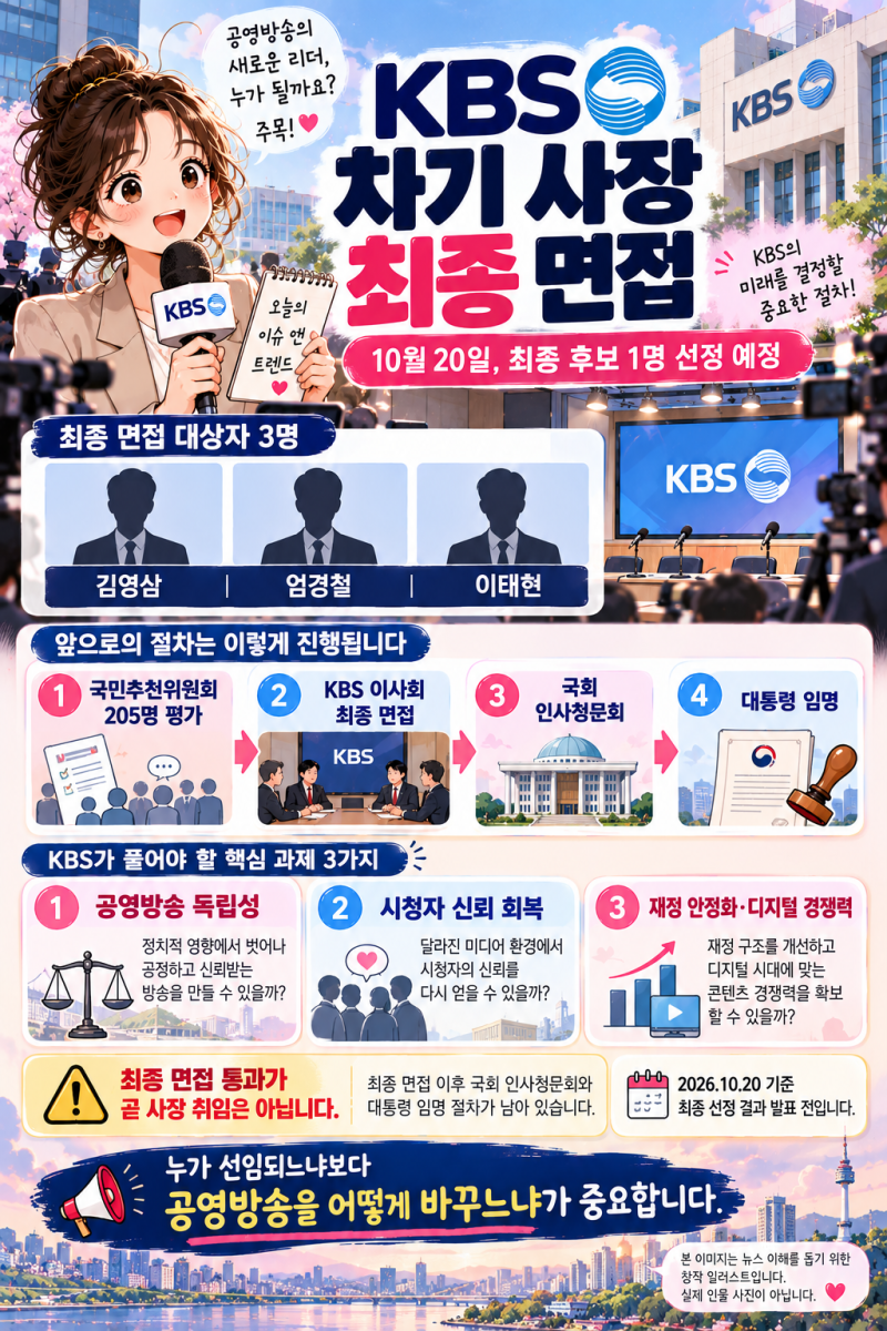 KBS 차기 사장 최종 면접 오늘 진행! 김영삼·엄경철·이태현 3파전, 누가 새 사장이 될까?