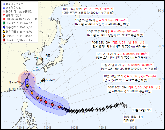 태풍 참피 경로 — 강도 5 초강력, <b>제주</b>·한반도 영향은?