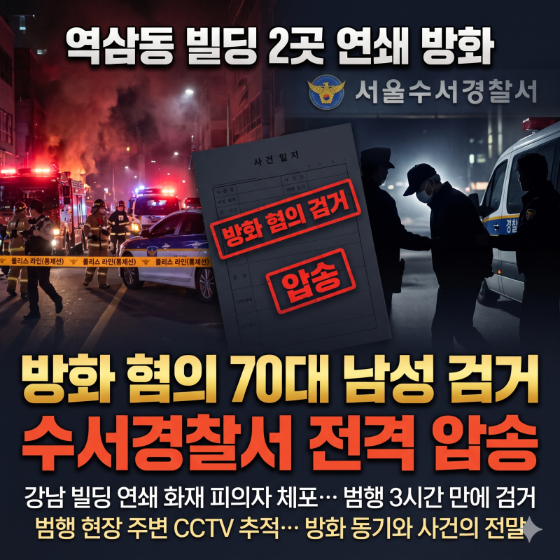 대낮 역삼동 빌딩 2곳 연쇄방화 혐의 70대 남성 검거… 도주 4시간 만에 체포·수서서 압송