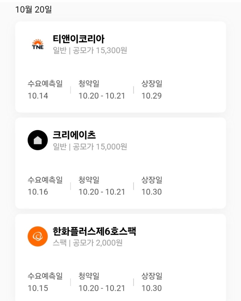 [10/20 공모주] 엘리스그룹 상장일 & 티앤이코리아·크리에이츠·한화6호스팩 DART 수요예측 및 ....