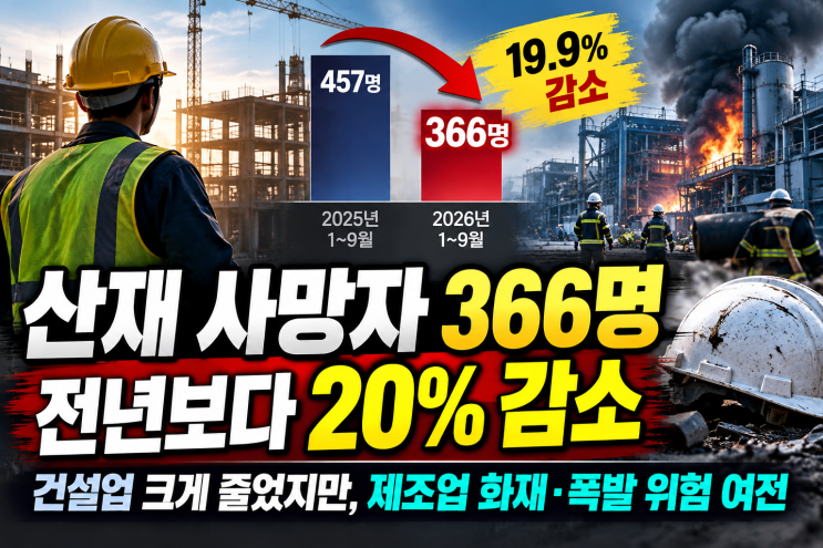 [행정사노우주] 2026년 산업재해 <b>사망</b>자 역대 최저, 20% 감소에도 제조....