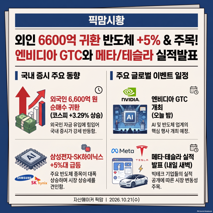 (10/21) 외인 6600억 귀환에 반도체 +5% & 주목! 엔비디아 GTC와 <b>메타</b>/테슬....