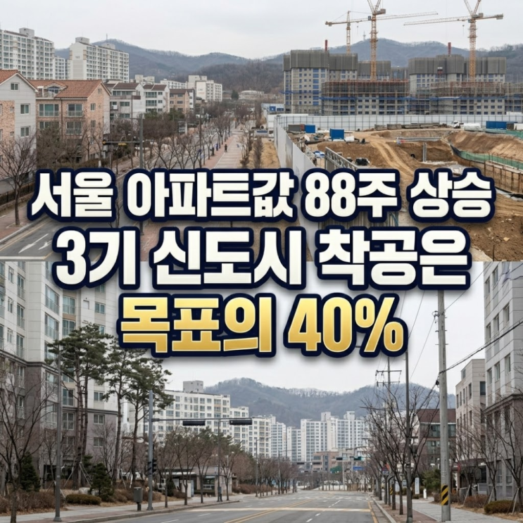 <b>서울 아파트값</b> 88주 <b>상승</b>, 3기 신도시 착공은 목표의 40%
