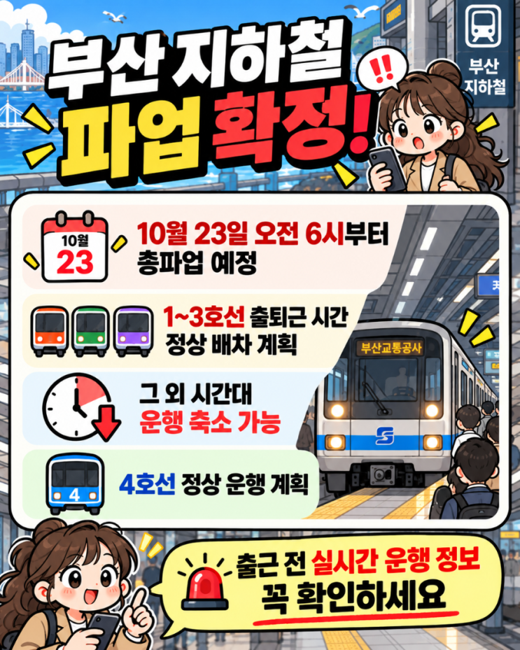 <b>부산 지하철</b> 파업 확정! 10월 23일 첫차부터 운행 축소 | 출퇴근 시간....