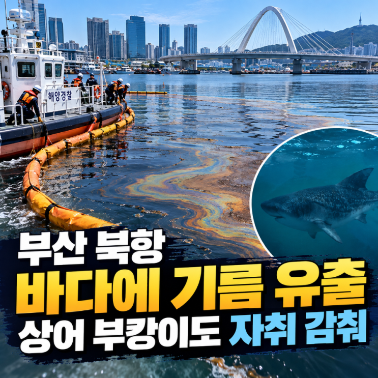 <b>부산 북항</b> 바다에 <b>기름 유출</b>, 상어 부캉이도 자취 감춰