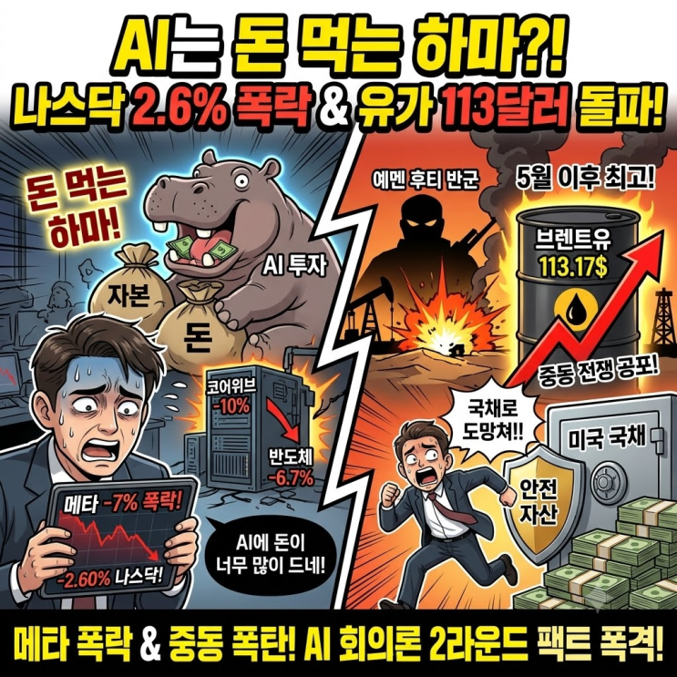 "어제는 AI가 신이라더니 오늘은 돈 먹는 하마냐?!" 메타 7% 폭락·나....