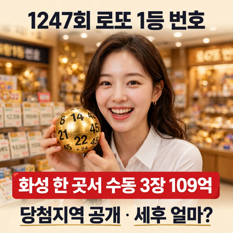 <b>1247회 로또</b> 1등 <b>번호</b>, <b>당첨</b>지역 공개, 화성 한 곳서 수동 3장 109억 세....