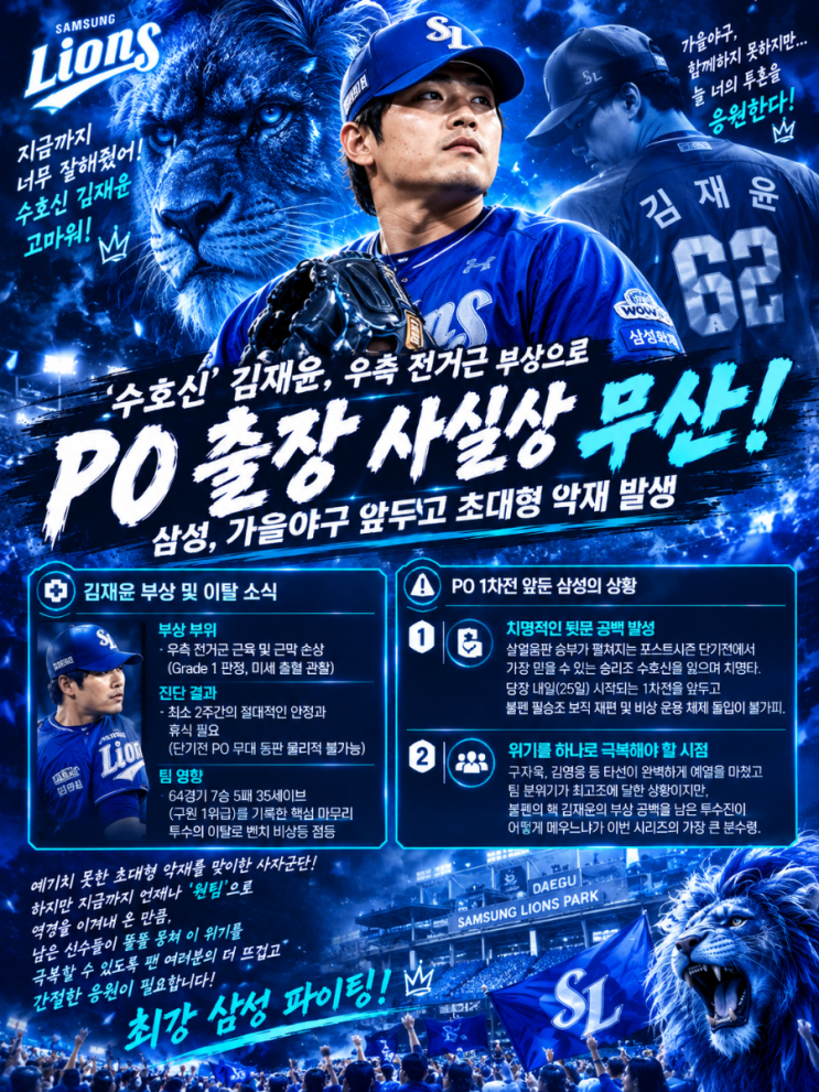 마른하늘에 날벼락! <b>삼성</b> 라이온즈 마무리 <b>김재윤</b>, 우측 전거근 부....