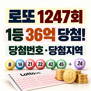 로또 1247회 당첨번호｜1등 36억, 화성 한 판매점에서 수동 3게임 당첨?