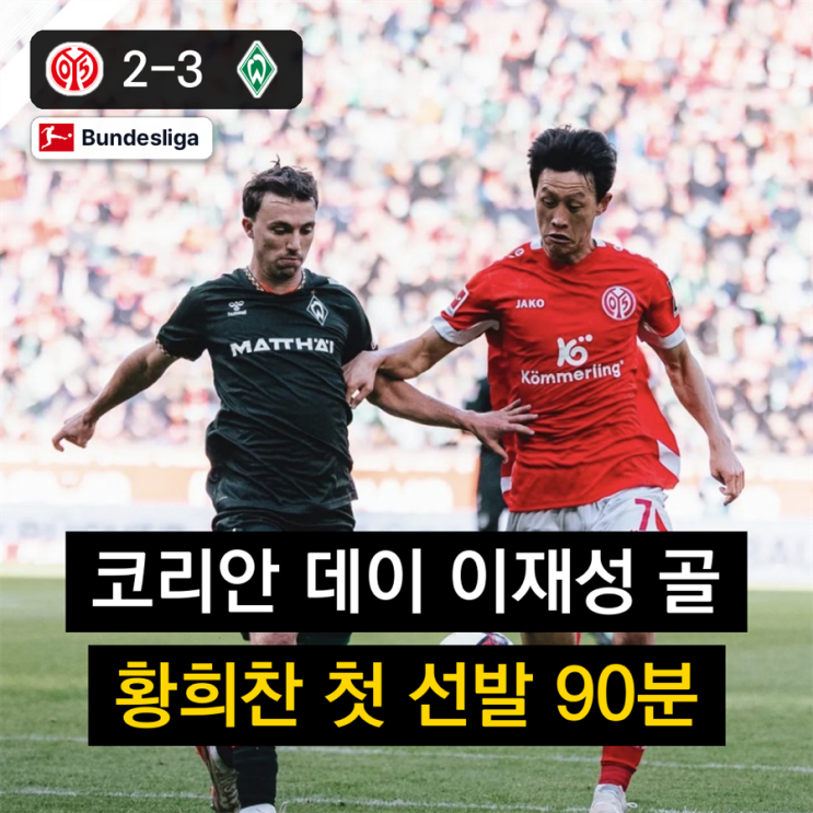 황희찬 샬케 <b>첫</b> 선발 풀타임 <b>이재성</b> 헤더골에도 마인츠 브레멘에 2....