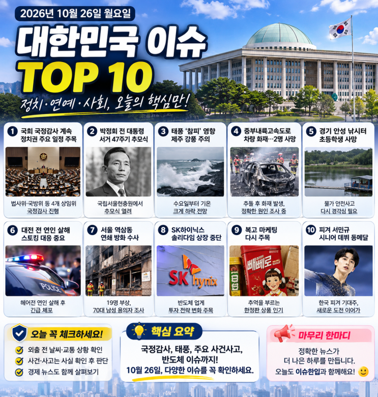 2026년 10월 26일 대한민국 이슈 TOP10, 정치·연예·사회 한눈에 정리