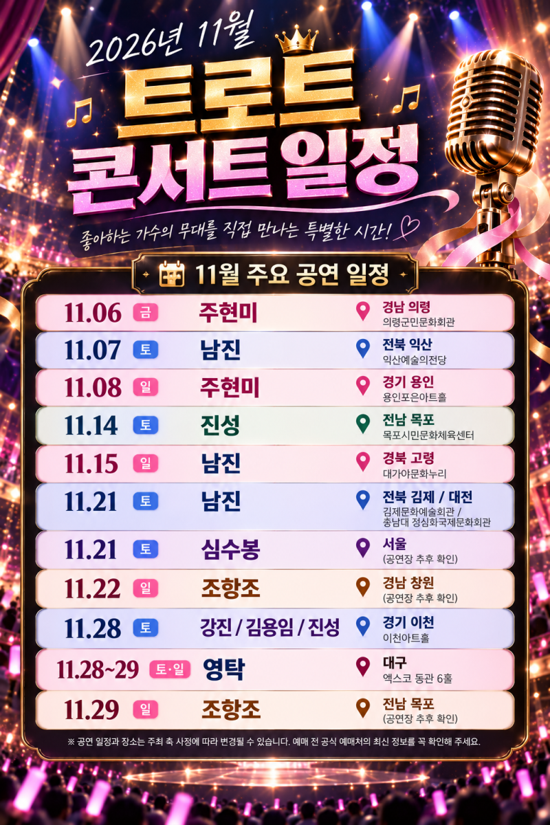2026년 11월 트로트 콘서트 일정 총정리｜남진·주현미·진성·영탁 공연 날짜와 예매 정보