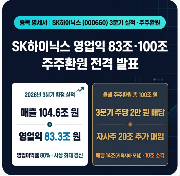 <b>SK하이닉스</b> 3분기 <b>영업이익 83조</b>·100조 주주환원 발표: 주당 2만 원 특....