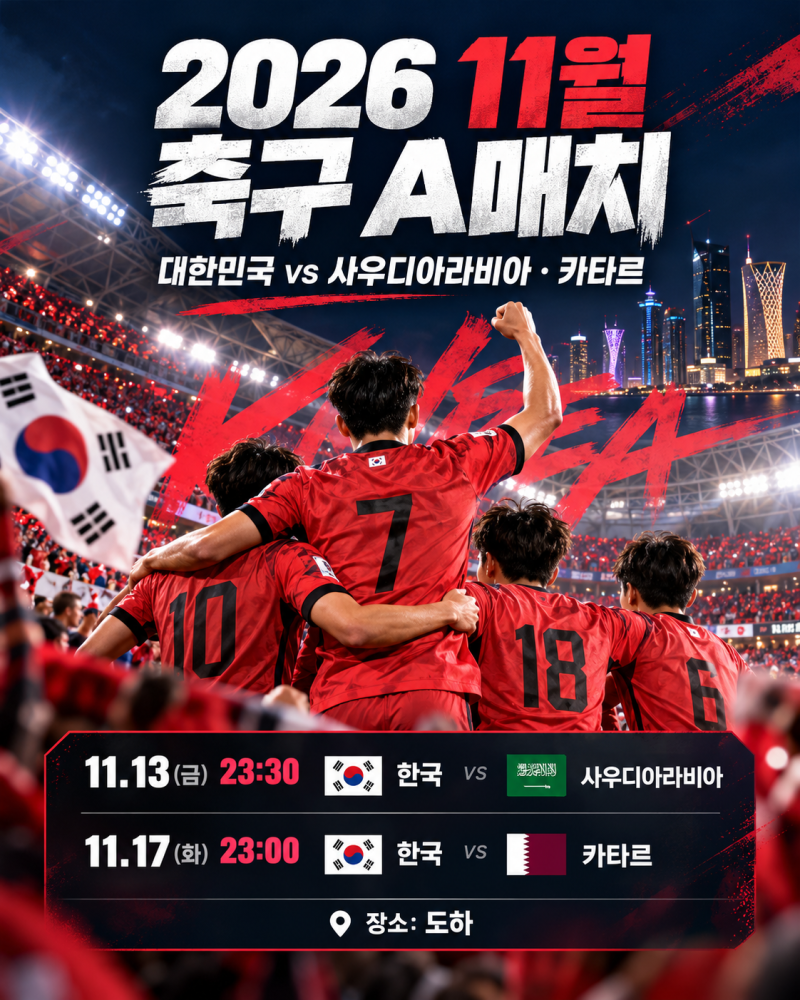 2026 11월 축구 A매치 일정 확정! 손흥민·이강인 포함 26명 명단과 경기시간
