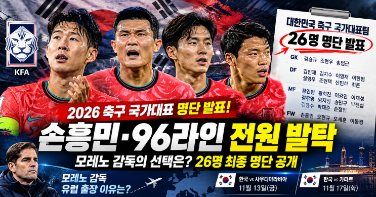모레노 감독 축구 국가대표 26명 명단 발표! <b>손흥민</b>·<b>96라인</b> 전원 발....