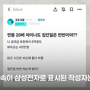 나 연봉 8억, 삼성전자 직원 “집안일 반반 맞나”…블라인드 갑론을박 논쟁