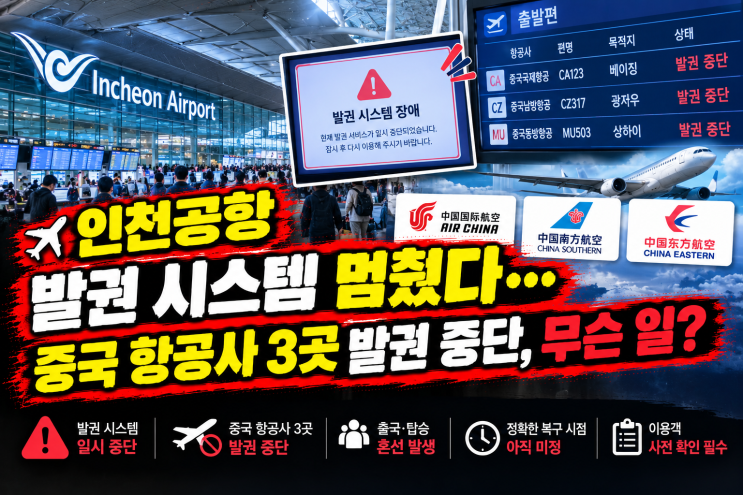 ️ 인천공항 발권 <b>시스템</b> 멈췄다…중국 <b>항공사 3곳</b> 발권 중단, 무....