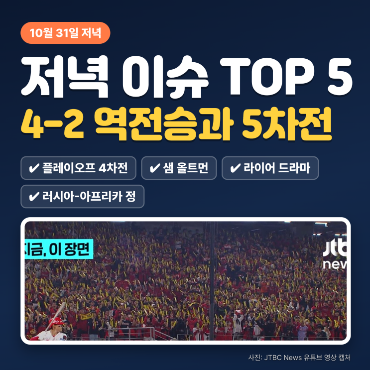 10월 31일 저녁 이슈 TOP 5｜플레이오프 4차전 4-2·<b>샘 올트먼</b>
