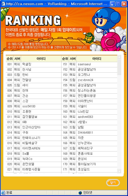  크아ː 한대대전랭킹